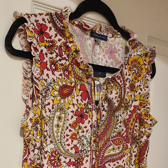 TOMMY HILFIGER PAISLEY RUFFLE SLEEVE FRONT TIE TASSELS TOP - Picture 6 of 14